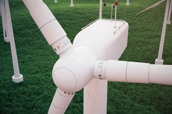 3D illustratie, turbine op het gras met avondrood achtergrond. De bron van de alternatieve elektriciteit van de concept. Eco energie, schone energie — Stockfoto