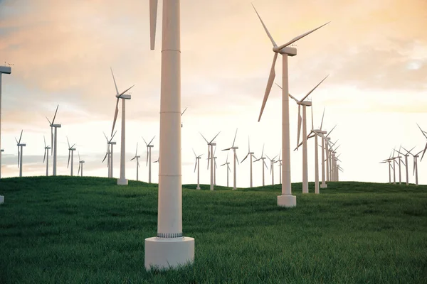 3D-Illustration, Windkraftanlage mit Sonnenuntergang. Energie und Strom. alternative Energien, ökologische oder grüne Stromerzeuger. Energie, Ökologie, Technologie, Elektrizität. — Stockfoto