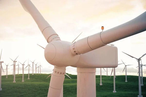 Ilustração 3d, turbina eólica com céu por do sol. Energia e electricidade. Energia alternativa, geradores ecológicos ou verdes. Poder, ecologia, tecnologia, eletricidade . — Fotografia de Stock