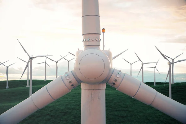 Ilustração 3d, turbina eólica com céu por do sol. Energia e electricidade. Energia alternativa, geradores ecológicos ou verdes. Poder, ecologia, tecnologia, eletricidade . — Fotografia de Stock