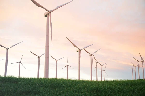 3D-Illustration, Windkraftanlage mit Sonnenuntergang. Energie und Strom. alternative Energien, ökologische oder grüne Stromerzeuger. Energie, Ökologie, Technologie, Elektrizität. — Stockfoto