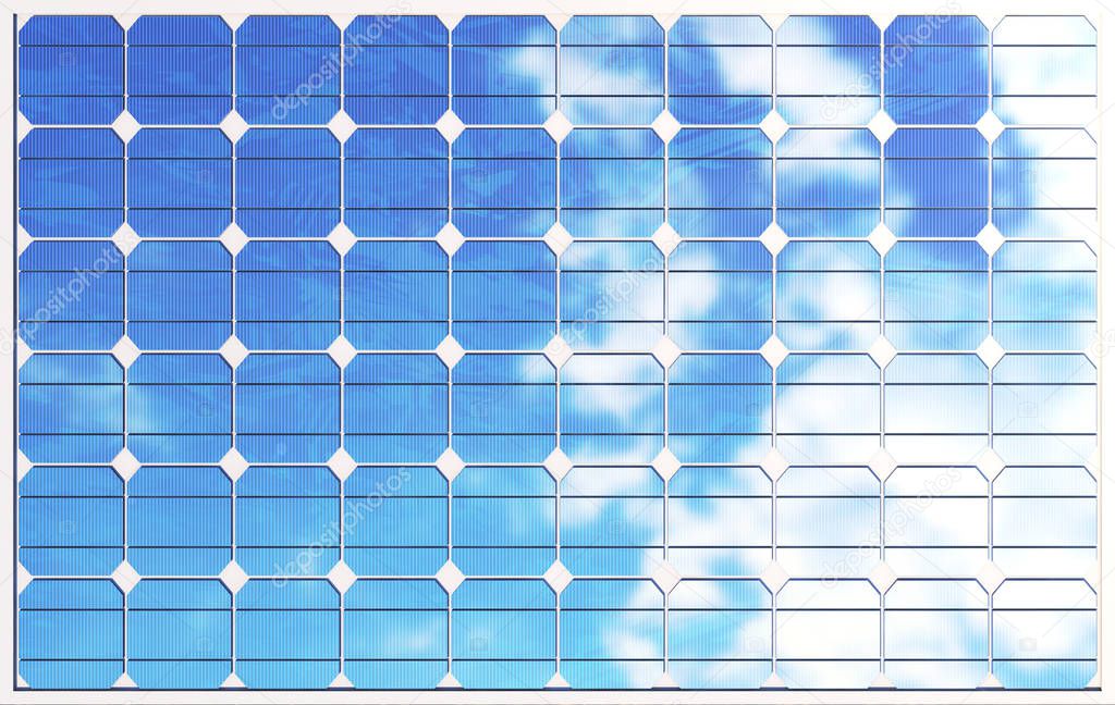 3D illustration solar panels on sky background. Alternative clean energy of the sun. Power, ecology, technology, electricity.