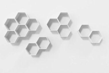 Raflar ile altıgen boş beyaz duvar duvara 3d render