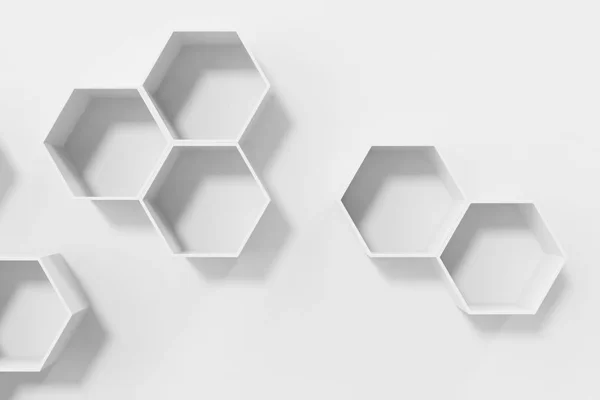 빈 흰색 벽 벽, 3d 렌더링에 육각형 선반 — 스톡 사진