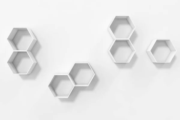 Empty white wall with hexagon shelves on the wall, 3D rendering — Stock Photo, Image