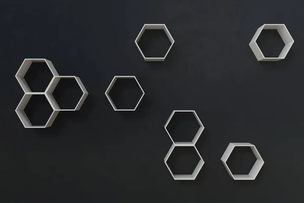 Empty dark or black wall with hexagon shelves on the wall, 3D rendering — Stock Photo, Image