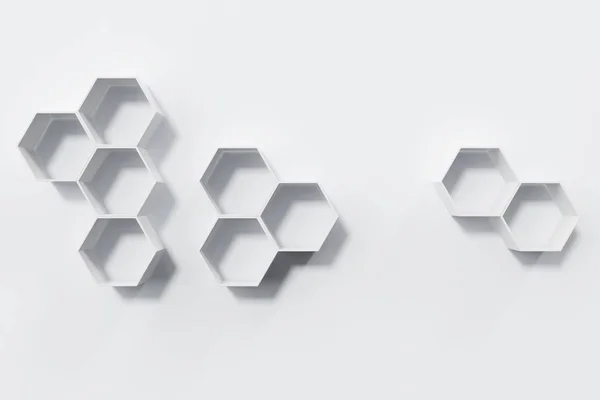 Mur blanc vide avec étagères hexagonales sur le mur, rendu 3D — Photo