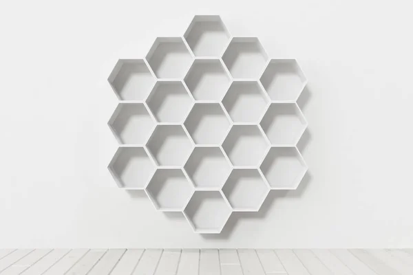 Empty White Wall Hexagon Shelves Wall Rendering — Stock Photo, Image