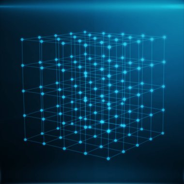 Wireframe Polygonal Element. Cube consisting with Blue Lines and Dots. Blue Background. 3D rendering clipart