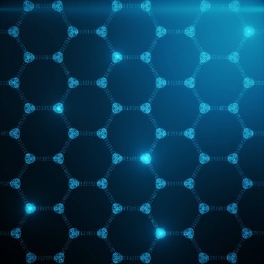 Abstract nanotechnology hexagonal geometric form close-up, concept graphene atomic structure, concept graphene molecular structure. Shining Hexagonal form consisting dots and lines. 3D rendering clipart