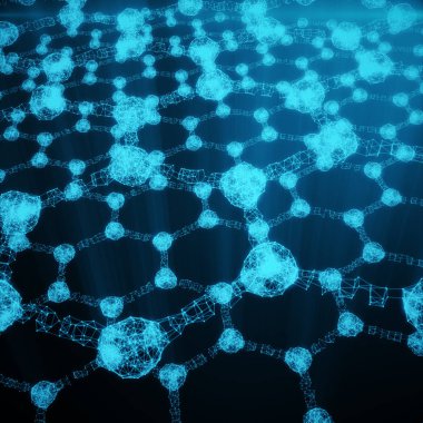 Soyut nanoteknoloji altıgen geometrik form yakın çekim, kavram grafen atomik yapısı, kavram grafen moleküler yapısı. Noktalar ve çizgiler, 3d render oluşan parlayan altıgen formu