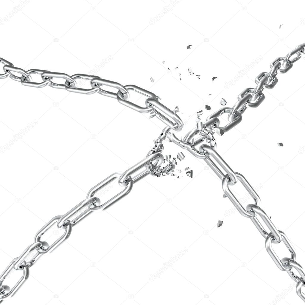Broken steel, Broken metal chain links freedom concept. Disruption strong steel. 3D illustration