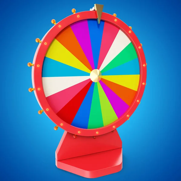 Realistic spinning fortune wheel, lucky roulette. Colorful wheel of luck or fortune. Wheel fortune isolated on blue tint background. 3d illustration