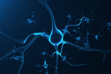 Nöron hücreleri parlayan bağlantı deniz mili ile kavramsal çizimi. SYNAPSE ve Elektrik kimyasal sinyal göndererek nöron hücreleri. Nöron enterkonnekte nöronların elektrik darbeleri ile. 3D render