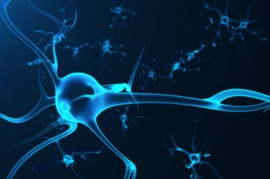 Nöron hücreleri parlayan bağlantı deniz mili ile kavramsal çizimi. SYNAPSE ve Elektrik kimyasal sinyal göndererek nöron hücreleri. Nöron enterkonnekte nöronların elektrik darbeleri ile. 3D render