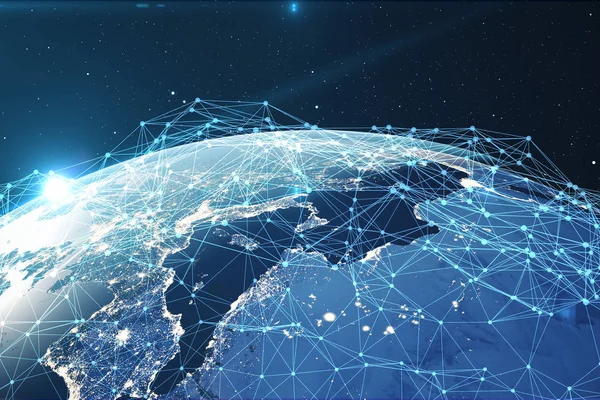 Rendering Netwerk Gegevens Uitwisseling Planeet Aarde Ruimte Verbinding Lijnen Rond — Stockfoto