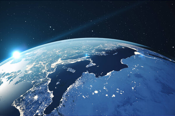 3D Rendering Planet earth from the space at night. The World Globe from Space in a star field showing the terrain and clouds Elements of this image furnished by NASA