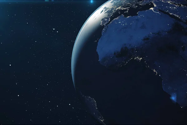 从夜晚的空间渲染行星地球 世界地球从空间在一个星领域显示地形和云彩元素这个图片由 Nasa 装备了 — 图库照片