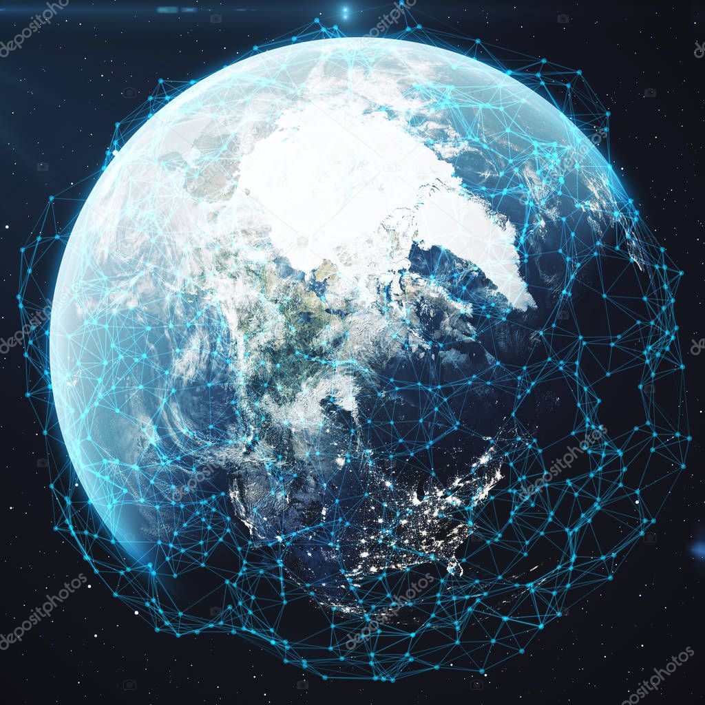 3D rendering Network and data exchange over planet earth in space. Connection lines Around Earth Globe. Global International Connectivity. Elements of this image furnished by NASA