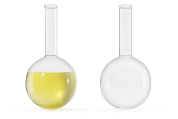 白色背景上有有色液体的化学烧瓶 科学化学概念 实验用有色液体的试管和烧瓶 — 图库照片
