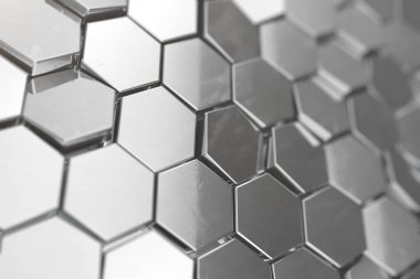 Alan etkili derinliği olan gümüş arka altıgen plan. Çok sayıda altıgenler yapısını. Çelik petek duvar doku, parlak altıgen kümeleri arka plan. 3D render