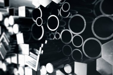 Silindirik metal çelik profiller, altıgen metal çelik profiller, kare metal çelik profiller. Farklı paslanmaz çelik ürünleri, 3d çizim