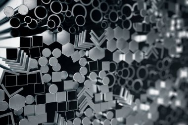 Silindirik metal çelik profiller, altıgen metal çelik profiller, kare metal çelik profiller. Farklı paslanmaz çelik ürünleri, 3d çizim