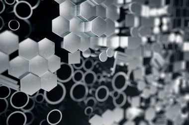 Silindirik metal çelik profiller, altıgen metal çelik profiller, kare metal çelik profiller. Farklı paslanmaz çelik ürünleri, 3d çizim