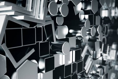 Silindirik metal çelik profiller, altıgen metal çelik profiller, kare metal çelik profiller. Farklı paslanmaz çelik ürünleri, 3d çizim