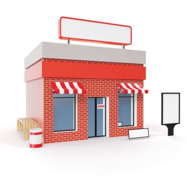 Beyaz arka plan üzerinde izole kopya alanı kurulu ile saklamak. Modern Dükkanı binalar, cephe saklayın. Dış Pazar. Bina, 3d render cephe dış deposu