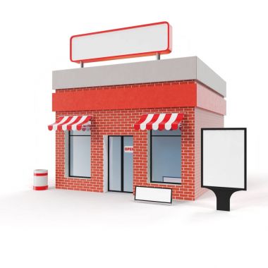 Beyaz arka plan üzerinde izole kopya alanı kurulu ile saklamak. Modern Dükkanı binalar, cephe saklayın. Dış Pazar. Bina, 3d render cephe dış deposu