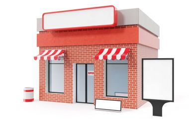 Beyaz arka plan üzerinde izole kopya alanı kurulu ile saklamak. Modern Dükkanı binalar, cephe saklayın. Dış Pazar. Bina, 3d render cephe dış deposu
