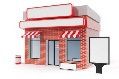 Beyaz arka plan üzerinde izole kopya alanı kurulu ile saklamak. Modern Dükkanı binalar, cephe saklayın. Dış Pazar. Bina, 3d render cephe dış deposu