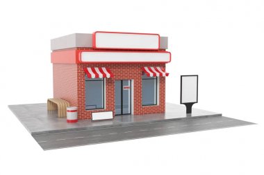 Beyaz arka plan üzerinde izole kopya alanı kurulu ile saklamak. Modern Dükkanı binalar, cephe saklayın. Dış Pazar. Bina, 3d render cephe dış deposu
