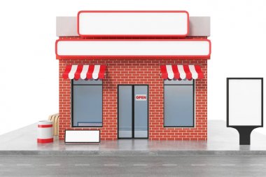 Beyaz arka plan üzerinde izole kopya alanı kurulu ile saklamak. Modern Dükkanı binalar, cephe saklayın. Dış Pazar. Bina, 3d render cephe dış deposu