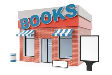 Beyaz arka plan üzerinde izole kopya alanı kurulu ile kitap deposu. Modern Dükkanı binalar, cephe saklayın. Dış Pazar. Bina, 3d render cephe dış deposu