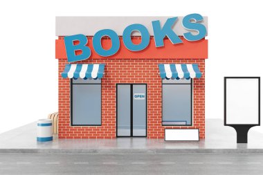 Beyaz arka plan üzerinde izole kopya alanı kurulu ile kitap deposu. Modern Dükkanı binalar, cephe saklayın. Dış Pazar. Bina, 3d render cephe dış deposu