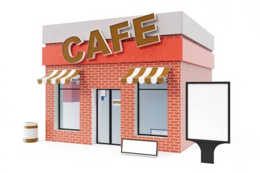 Beyaz arka plan üzerinde izole kopya alanı kurulu ile Cafe mağaza. Modern Dükkanı binalar, cephe saklayın. Dış Pazar. Bina, 3d render cephe dış deposu