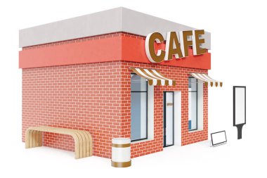 Beyaz arka plan üzerinde izole kopya alanı kurulu ile Cafe mağaza. Modern Dükkanı binalar, cephe saklayın. Dış Pazar. Bina, 3d render cephe dış deposu