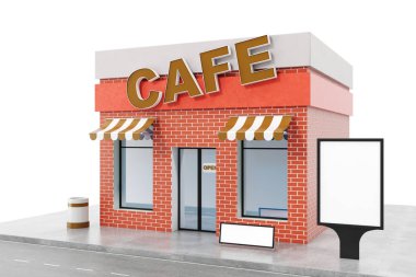 Beyaz arka plan üzerinde izole kopya alanı kurulu ile Cafe mağaza. Modern Dükkanı binalar, cephe saklayın. Dış Pazar. Bina, 3d render cephe dış deposu