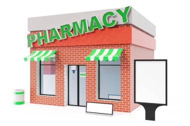 Beyaz arka plan üzerinde izole kopya alanı kurulu ile eczane deposu. Modern Dükkanı binalar, cephe saklayın. Dış Pazar. Bina, 3d render cephe dış deposu