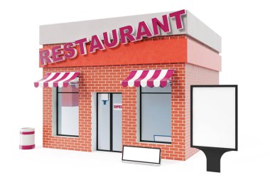 Beyaz arka plan üzerinde izole kopya alanı kurulu ile restoran mağaza. Modern Dükkanı binalar, cephe saklayın. Dış Pazar. Bina, 3d render cephe dış deposu