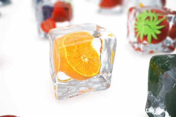 オレンジ アイス キューブ フィールド効果の深さと白で隔離 新鮮なベリーとアイス キューブ 氷で凍結果実果物 レンダリング — ストック写真
