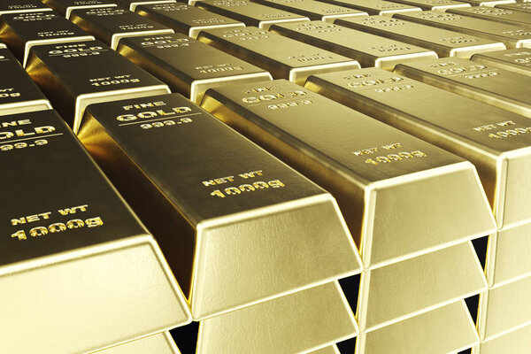 Stack close-up Gold Bars, weight of Gold Bars 1000 grams Concept of wealth and reserve. Concept of success in business and finance. 3d rendering
