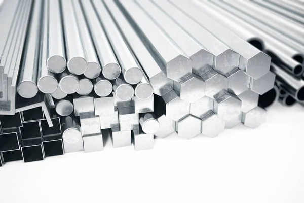 Stack of Stainless steel profiles and tubes of various diameters. Different metal products. 3d illustration — Stock Photo, Image