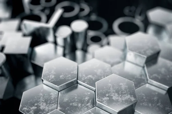 Profiluri metalice cilindrice, profile metalice hexagonale, profile metalice pătrate. Diferite produse din oțel inoxidabil, ilustrație 3D — Fotografie, imagine de stoc