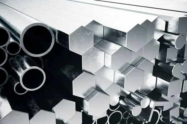 Perfis de aço de metal cilíndrico, perfis de aço de metal hexagonal, perfis de aço de metal quadrado. Diferentes produtos de aço inoxidável, ilustração 3D — Fotografia de Stock