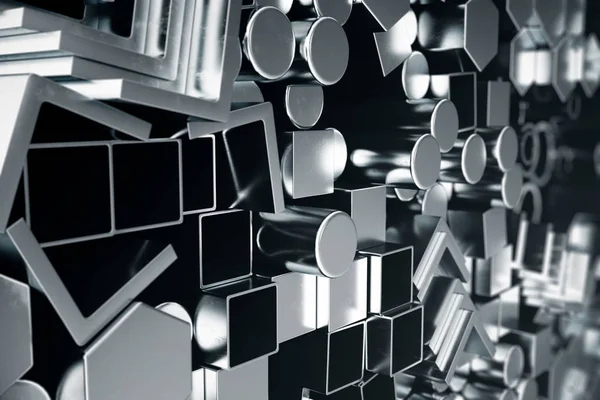 Perfiles cilíndricos de acero metálico, perfiles hexagonales de acero metálico, perfiles cuadrados de acero metálico. Diferentes productos de acero inoxidable, ilustración 3D — Foto de Stock