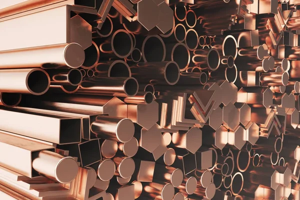 Cylindrical copper steel profiles, hexagonal copper steel profiles, square copper steel profiles. Different copper steel products, 3D illustration — Stock Photo, Image