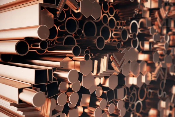 Profili cilindrici in acciaio ramato, profili esagonali in acciaio ramato, profili quadrati in acciaio ramato. Diversi prodotti in acciaio al rame, illustrazione 3D — Foto Stock